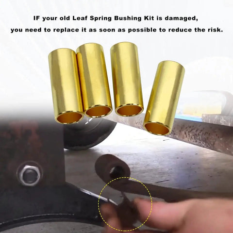 Bronze Trailer Leaf Spring Bushing K7129100 set shown next to installation site under a vehicle, highlighting durability and easy installation.