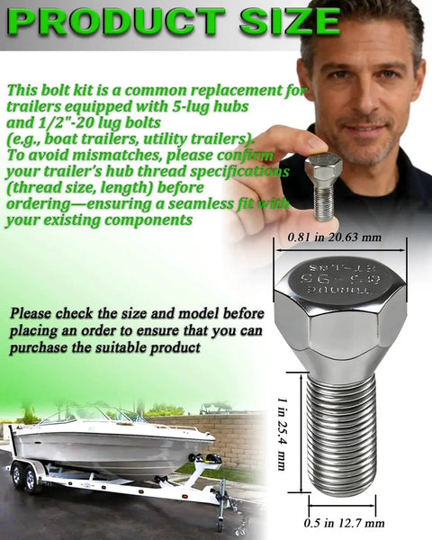 Man holding a 10 Pack 1/2-20 Trailer Lug Bolt for 5-Lug Hubs, zinc plated, solid steel, with size dimensions; suitable for boat trailers.