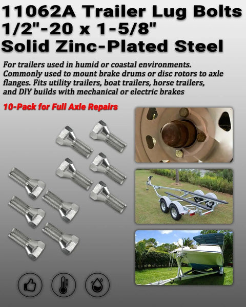 10 Pack 1/2-20 Trailer Lug Bolts 1-5/8 Inch Length for 5-Lug Hubs Zinc Plated Solid Steel Marine Grade Wheel Fasteners