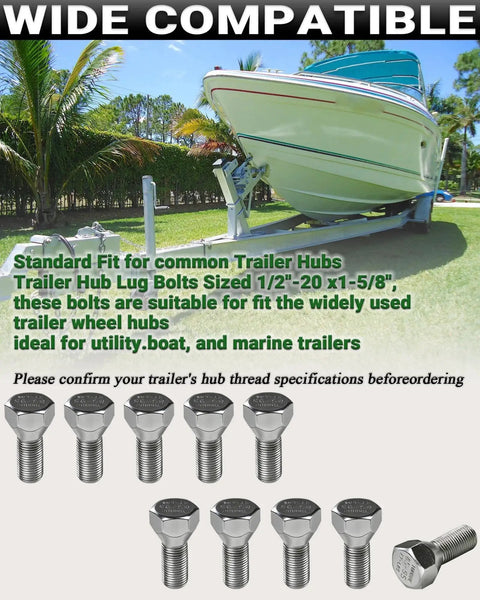 10 Pack 1/2-20 Trailer Lug Bolts 1-5/8 Inch Length for 5-Lug Hubs Zinc Plated Solid Steel Marine Grade displayed with boat