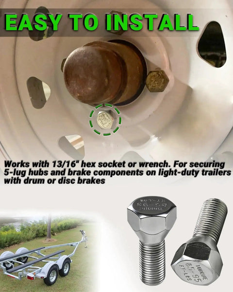 10 Pack 1/2-20 Trailer Lug Bolts 1-5/8 Inch Length for 5-Lug Hubs Zinc Plated Solid Steel Marine Grade Wheel Fasteners shown installed on a wheel with hex socket detail.