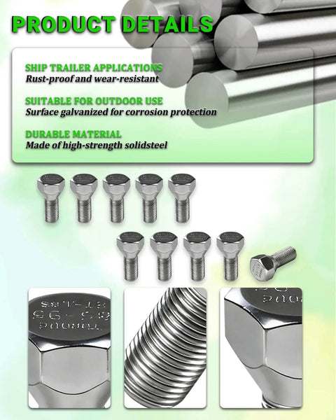 10 Pack 1/2-20 Trailer Lug Bolts 1-5/8 Inch Length for 5-Lug Hubs Zinc Plated Solid Steel Marine Grade Wheel Fasteners