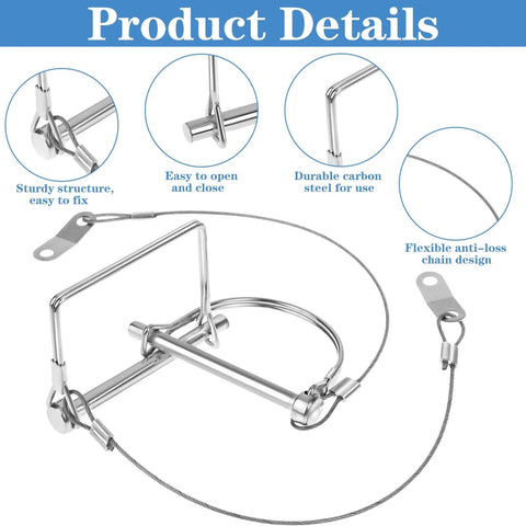 20 Pack Trailer Coupler Pins With Steel Quick Release Rings, showing D-shaped pin close-ups and features like easy locking mechanism