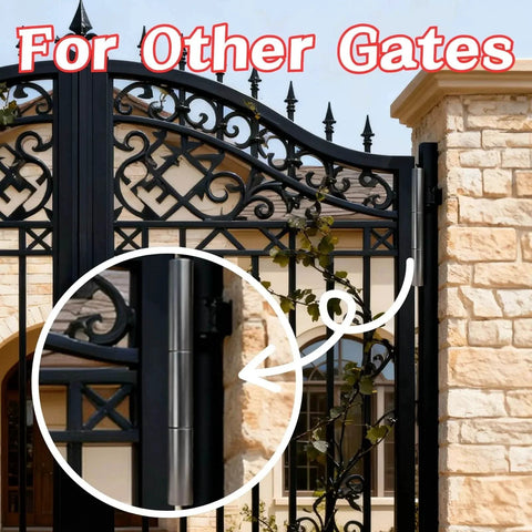 4 Pack 10 Inch Weld On Trailer Ramp Hinges installed on decorative gate showing hinge detail in outdoor setting