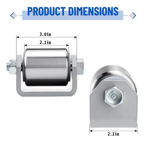 Product dimensions of ✝️ 2" Weld on Trailer Roller Heavy Duty Steel Skid Wheels Caster Roller for RV Trailers shown in side and top views