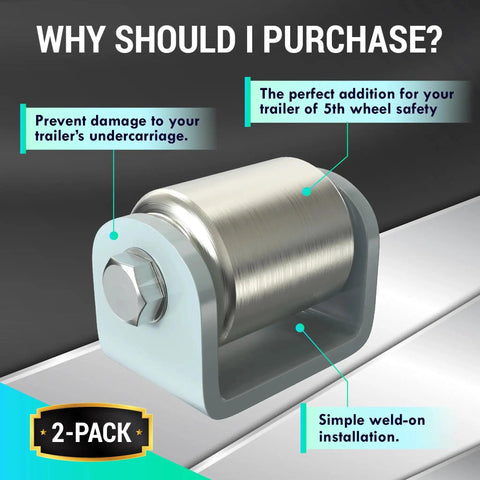 2 Pack 2 Inch Weld On Skid Wheels For Trailers And RVs, Heavy Duty Steel Rollers, shown with benefits for undercarriage protection.