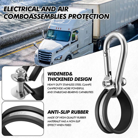 Heavy duty stainless steel clamp and non-slip rubber for securing electrical and air lines on semi-trucks, featuring widened design.