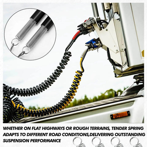 4 Pack 16 Inch Dual Trailer Spring Kit With Heavy Duty Tension Springs installed on semi truck, holding ABS air lines and cords