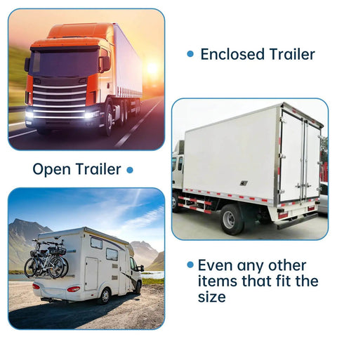 Image showing an enclosed trailer, open trailer, and a camper suitable for fitting with a durable door latch keeper for enclosed trailers.