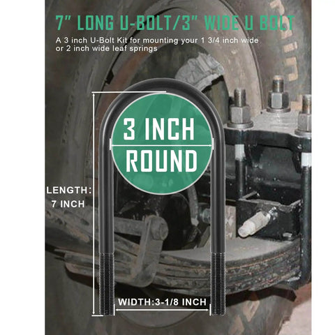 Durable trailer U bolt kit for 5200-7000 lb round axles, 3 inch beam diameter, shown installed with leaf spring