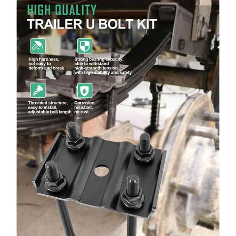 Close-up of installed durable trailer U bolt kit for 5200-7000 lb round axles, 3 inch beam diameter, includes four 7 inch U bolts.