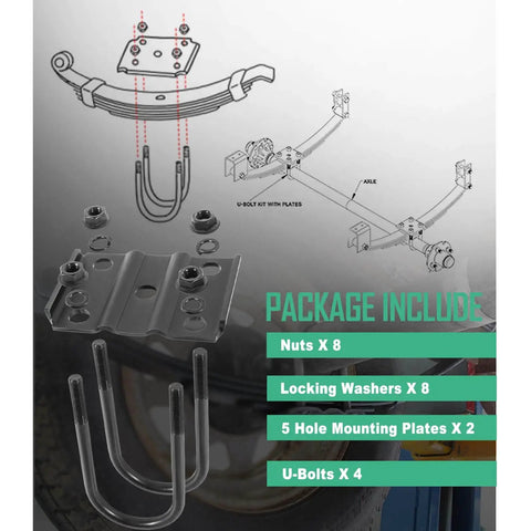 Durable trailer U bolt kit for 5200-7000 lb round axles, 3 inch beam diameter, includes four 7 inch U bolts, eight 1/2 inch nuts, and tie plates for quick, secure leaf spring mounting and long-lasting hold; image showing package contents and installation schematic.