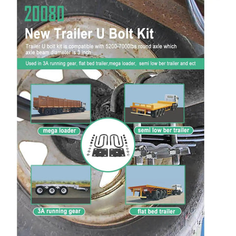 Durable trailer U bolt kit for 5200-7000 lb round axles, 3 inch beam diameter, featuring U bolts, nuts, and tie plates