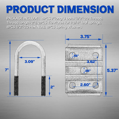 Heavy-duty trailer U-bolts mounting kit for 3 inch round axles, includes dimensions of U-bolts and plates for size reference.
