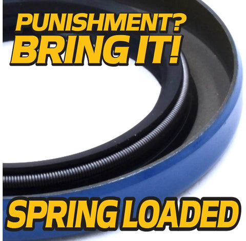 Close-up of a spring-loaded seal from the Trailer Wheel Hub Bearing Kit Two Pack For 1 Inch Bore L44643 And L44610 Straight Axle Spindle With 1.25 Inch 12192TB Seal Includes Greaseable Bearing Protectors Perfect For Sport Utility Cargo ATV Camping Boat Jet Ski Towing By HD Switch, with "Punishment? Bring It!" text.