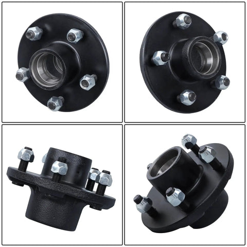Four views of Two Sets Five Lug Trailer Wheel Hub With Bearings Kit For Four Point Seven Five Inch Spindle 84 Compatible Three Thousand Five Hundred Pound Rated Beefy Build High Strength Components Built To Last For Utility Trailers