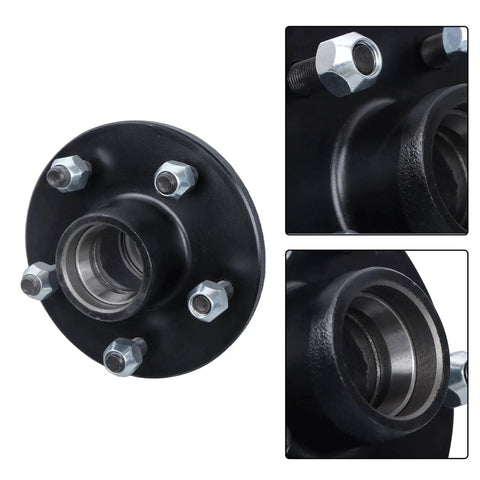 Front and close-up views of Two Sets Five Lug Trailer Wheel Hub With Bearings Kit For Four Point Seven Five Inch Spindle 84 Compatible
