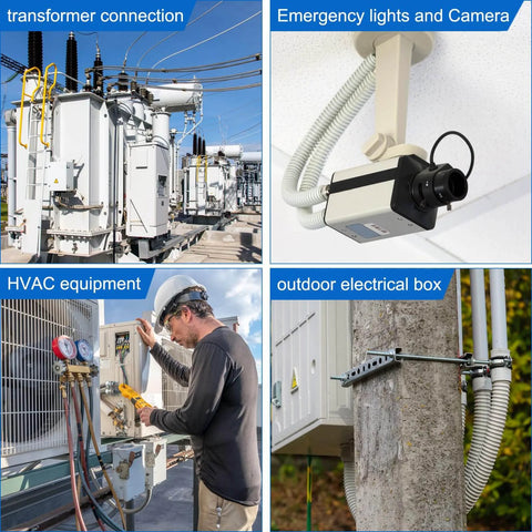 Images of transformer connection, emergency lights and camera, HVAC equipment, outdoor electrical box
