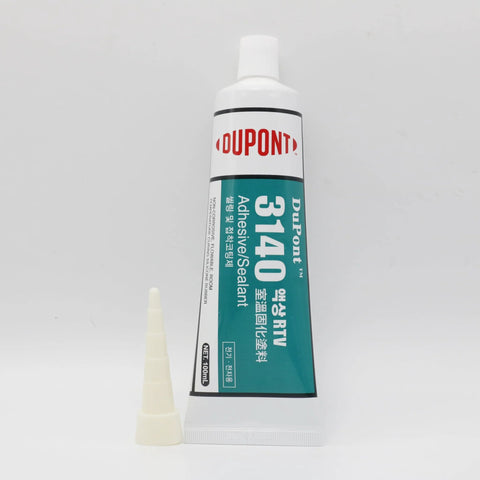 Front view of DuPont 3140 translucent RTV adhesive sealant tube, 100ml, with applicator tip, moisture cure, for electronics and battery boards