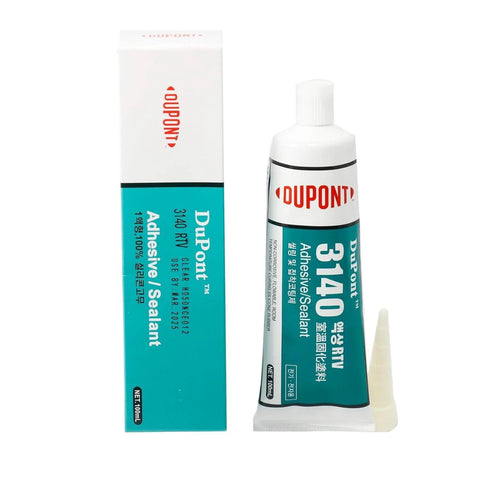 Dupont 3140 RTV Adhesive Sealant tube and box, 100ml, translucent, moisture cure, high elongation, flame resistant.