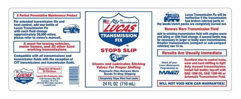 Transmission Fix 24 Ounce Add To Existing Automatic Transmission Fluid Stops Slips Hesitation Rough Shifting And Most Seal Leaks Lowers Running Temp And Foaming No Draining Required product label