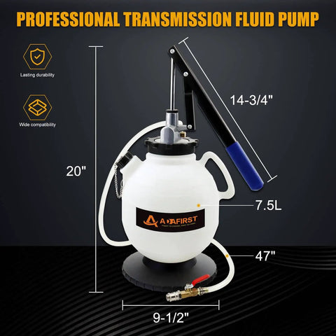 Automatic Transmission Fluid Transfer Pump Kit With 7.5 Liter Can And 15 ATF Adapters featured, showing measurements and design details.