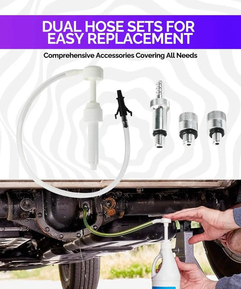Transmission Fluid Transfer Pump Kit For Cars And Marine Motors With Extra Long Hose shown during oil refill under a vehicle.