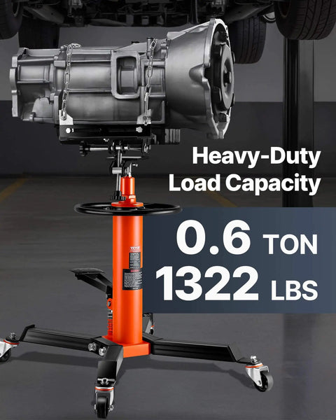 Beefy Transmission Jack With 1322 Lb Capacity For Cars And Light Trucks, 32 To 67 Inches Hydraulic Lift, Foot Pedal Operation