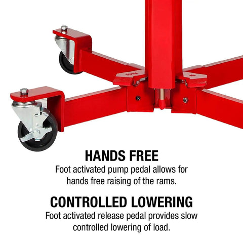 Base view of Beefy 1000 Lb Air And Hydraulic Telescoping Transmission Jack With Adjustable Saddle Arms, showcasing wheels and pedal controls.