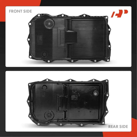 Front and rear view of Transmission Oil Pan With Gasket And Drain Plug For Ram 1500 2500 3500 Jeep Grand Cherokee Dodge Charger Challenger Chrysler 300 With 8 Speed Automatic Transmission Direct Fit