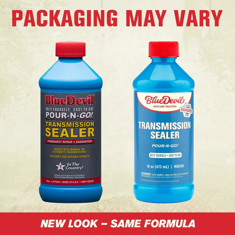 Two bottles of Transmission Sealer 16 Oz Stops Leaks In Automatic And Manual Transmissions Restores Dried Cracked And Shrinking Rubber Seals Prevents Fluid Loss And Leakage Permanent Seal For All Transmission Fluids, with packaging variations.
