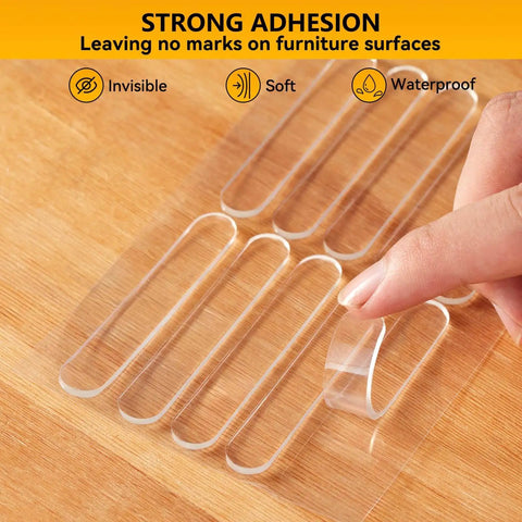 Close-up of transparent 10 Pack Wall Bumpers And Door Stoppers For Furniture No Slam Cushions Self Adhesive Anti Collision Pads with hand showing 3M bond.