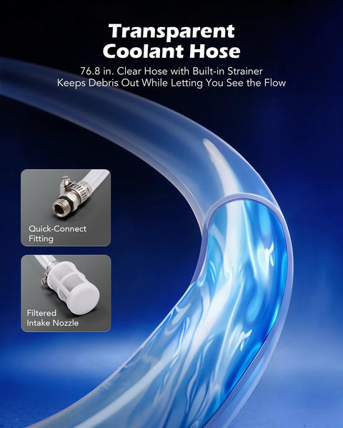 Orion Motor Tech coolant vacuum refill kit: transparent blue hose with quick-connect fitting and filtered intake nozzle
