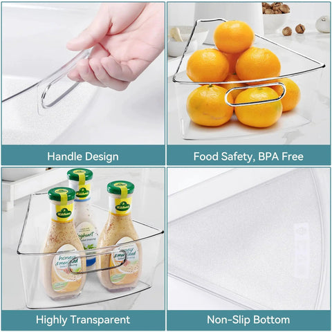 Set Of 6 Transparent Lazy Susan Organizers For Kitchen Cabinets, showing clear plastic bins with handles and non-slip bottom
