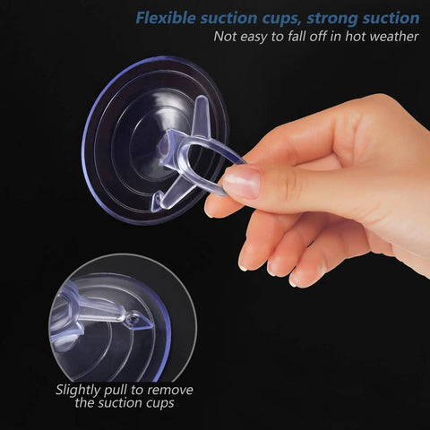 Hand holding a transparent PVC aquarium suction cup, showing flexible grip, 45mm vacuum ring for secure attachment on glass surfaces.