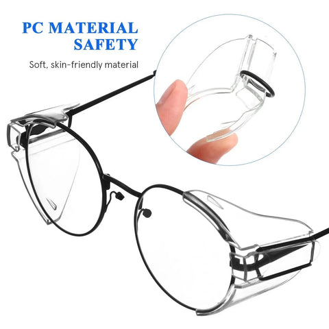 Slip On Safety Glasses Side Shields 2 Pairs Transparent Anti Slip Protectors shown installed on black-framed glasses