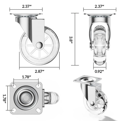 Three Inch Transparent Swivel Casters Without Brakes For Furniture, 360 Degree Rotation, Lightweight Yet Durable Polyurethane Casters