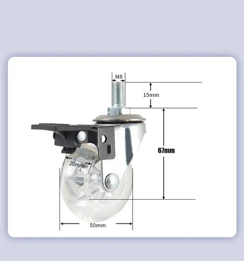 2 Inch Castor Wheels With Brake, Transparent Screw Brake Casters 8x15 Mm Threaded Stem Swivel Caster For Office Chair