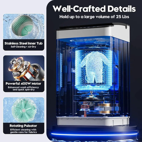 Compact 28 lb washer and 2.6 cu ft dryer combo with stainless steel inner tub, 400W motor, and rotating pulsator for apartments.