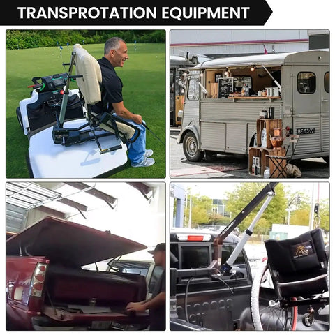 Collage of transportation equipment, including a golf cart seat with a lift, a vintage coffee van, a truck with a hoist, and a car trunk lift.