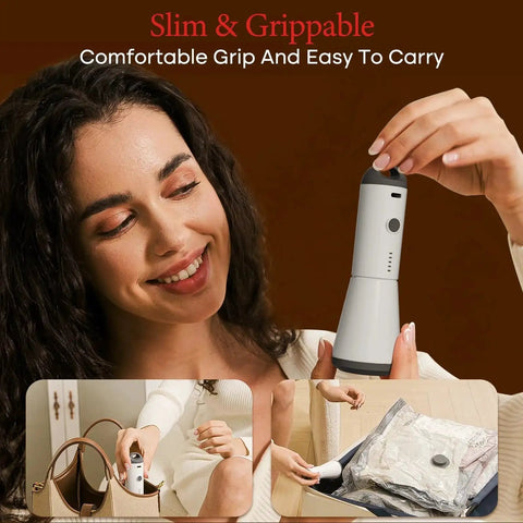 Woman holding rechargeable pump from Travel Vacuum Bags With Rechargeable Pump 15 Piece Kit Carry On Size Space Saving Compression Packing For Luggage And Suitcase To Maximize Closet Space And Organize Clothes During Any Trip Weekend Getaway Or Business Travel
