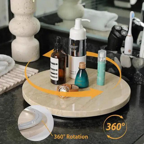 Natural Travertine Lazy Susan Turntable Organizer for Tabletop and Countertop with bathroom items on top, 12-inch round serving tray