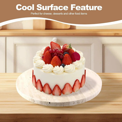 Natural Travertine Lazy Susan Turntable Organizer for Tabletop with Cake Displayed, 12 Inch Round Serving Tray