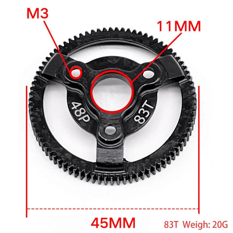 Traxxas Hardened Steel Spur Gear Upgrade 83T 1/10 Slash 2WD VXL XL5 gear size diagram with 48P and dimensions
