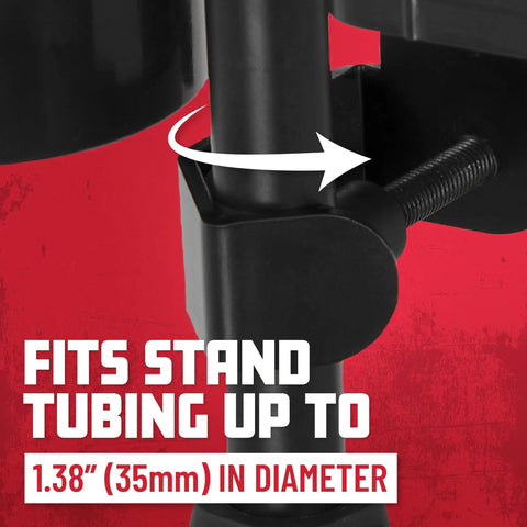 Microphone Stand Accessory Tray With Drink Holder And Guitar Pick Tab For Easy Access During Performances, 12 By 7 Inches, Fits Stands Up To 1.38 Inches Diameter, shown clamped on a stand.