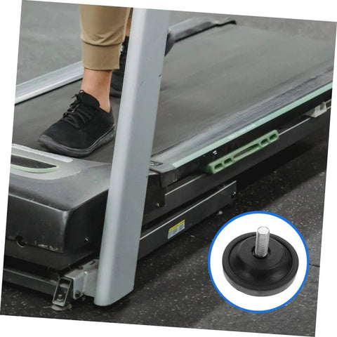 Two Pack Slip Resistant Treadmill Leveling Pads With Mounting Screws for stable fitness equipment on uneven floors, black pad, treadmill foot visible