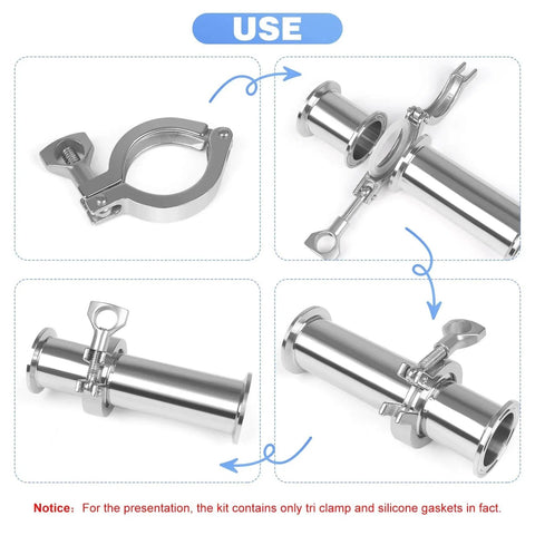 Tri Clamp 5 Pcs Single Pin Heavy Duty With Wing Nut Generic Ferrule TC One Inch And One Point Five Inch Stainless Steel 304