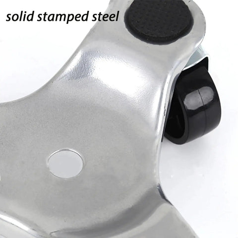 Close-up of solid stamped steel frame with a black swivel caster from the 8 Piece Triangle Furniture Dollies Set With 6 Inch Steel Swivel Caster Wheels For Moving Heavy Furniture And Appliances Up To 400 Lbs Protective Foam Discs Cushions To Reduce Noise And Prevent Damage
