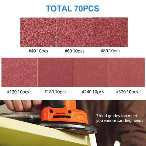 Assorted 70Pcs 140mm Triangle Sanding Pads For Mouse Detail Sander 6 Hole, showing various grit sandpapers and sander in use