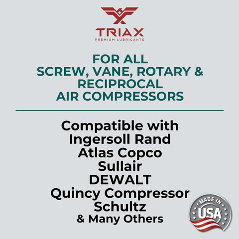 TRIAX Kompressor MV 46 / SAE 20 - Full Synthetic, Multi-Vis Air Compressor Oil compatibility list with compressor brands, made in USA